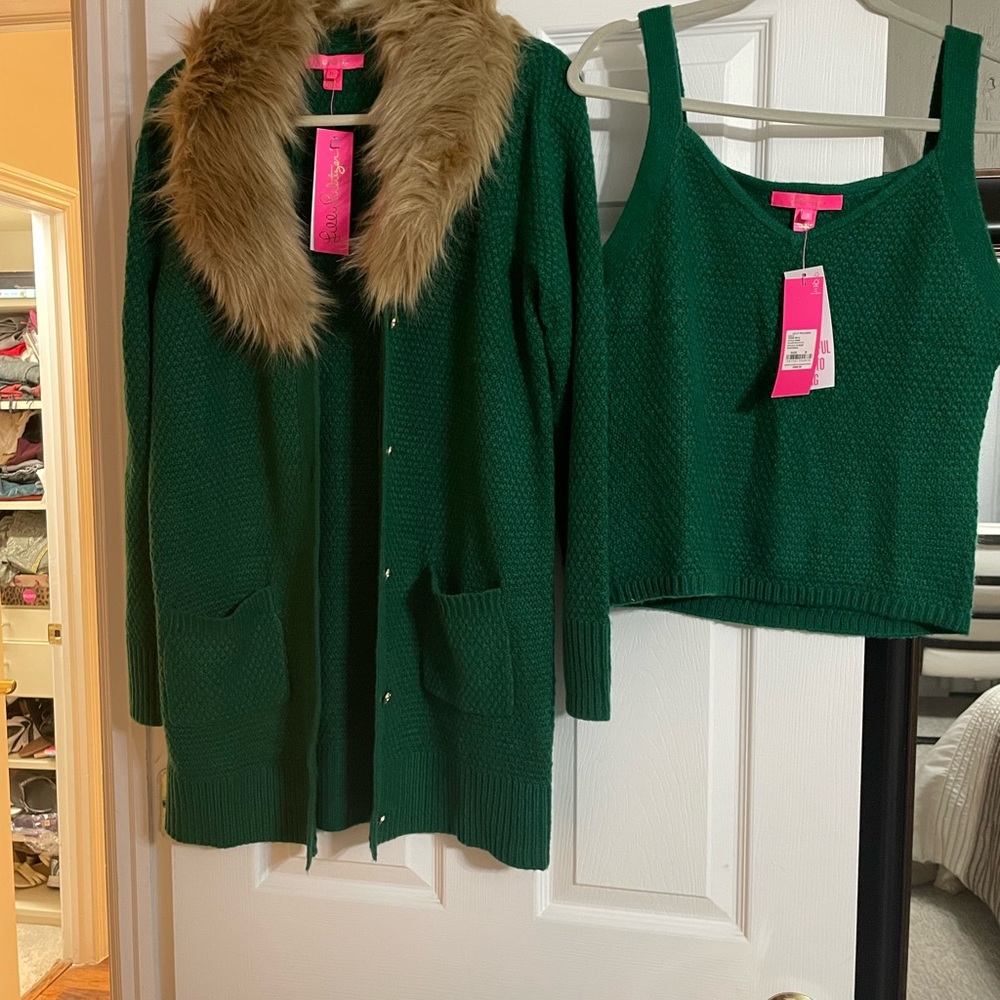 NWT Lilly Pulitzer Kildaire Cardigan Sweater & Tank 2 piece Set Evergreen Size M